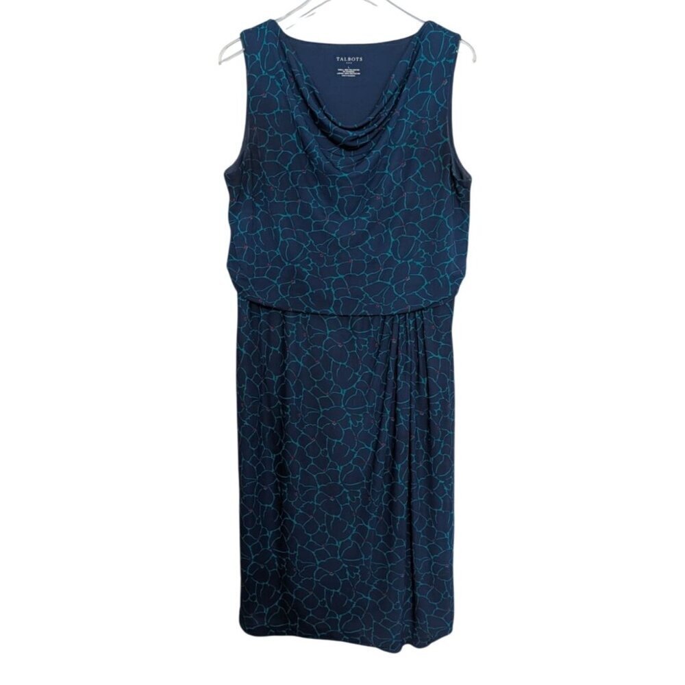 Talbots Factory Floral Blouson Dress Womens Size Large Blue Draped Cowl Neck